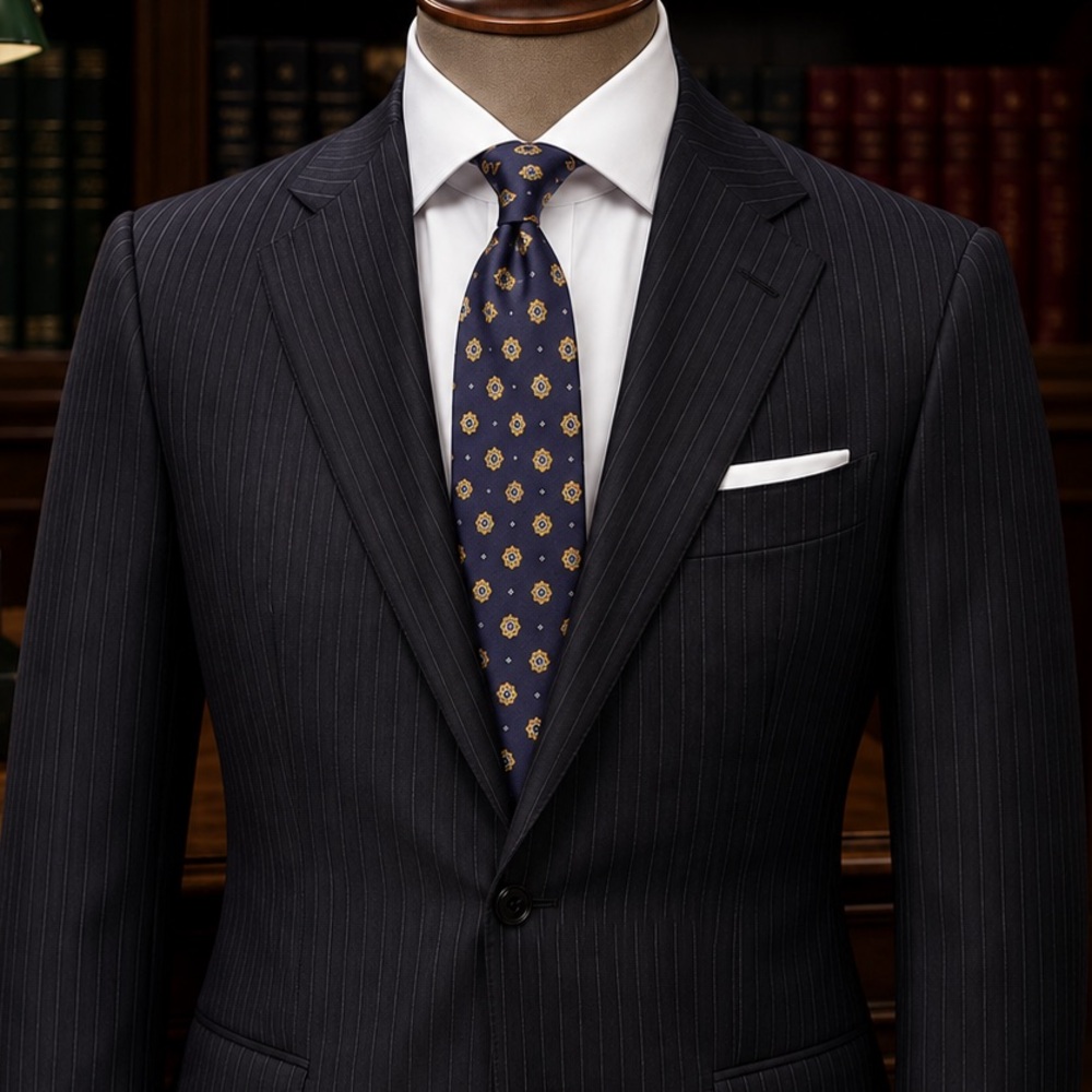 Kiton Traditional Navy Wool Pinstripe Suit with included Sartoria Partenopea Tie